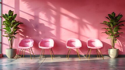  Join our team concept image with chairs to welcome potential newcomers inside the company and recruit them with pink message Join our team on the wall 