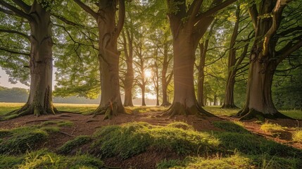 Naklejka premium Towering trees in lush woodland