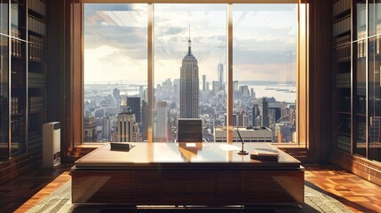  Elegant corporate office interior with empty desk and cityscape view through large windows 