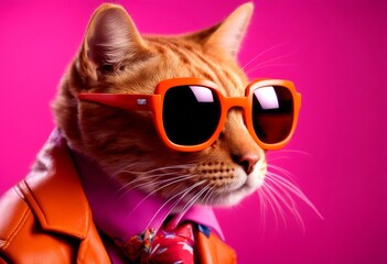 Naklejka premium seamless magenta aring text leather multicolored orange technology cat funky sunglasses space red jacket a background copy portrait tie