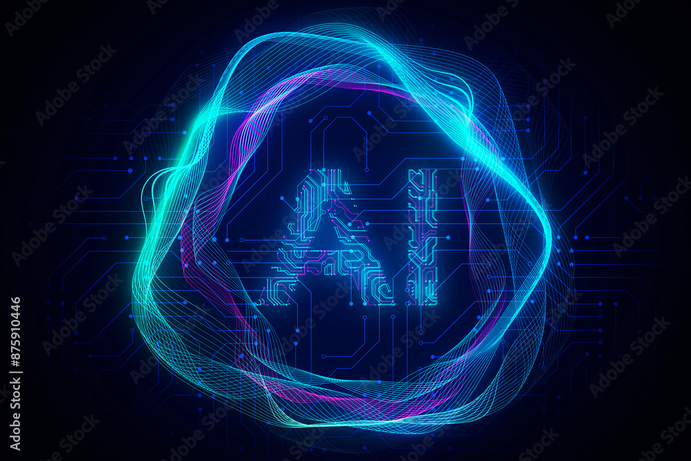 Poster Abstract digital lines and circuit board pattern on a dark blue background, symbolizing technology and artificial intelligence. 3D Rendering