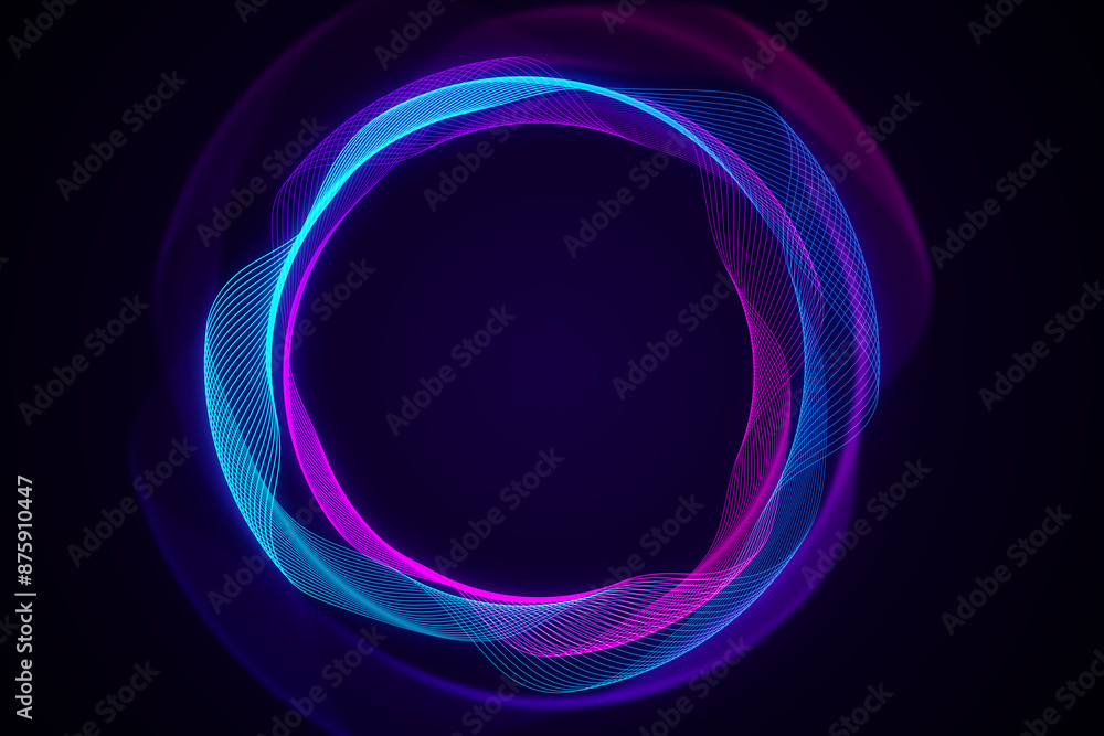 Poster abstract glowing neon lines creating a circular shape, digital graphic style, on a dark background, 