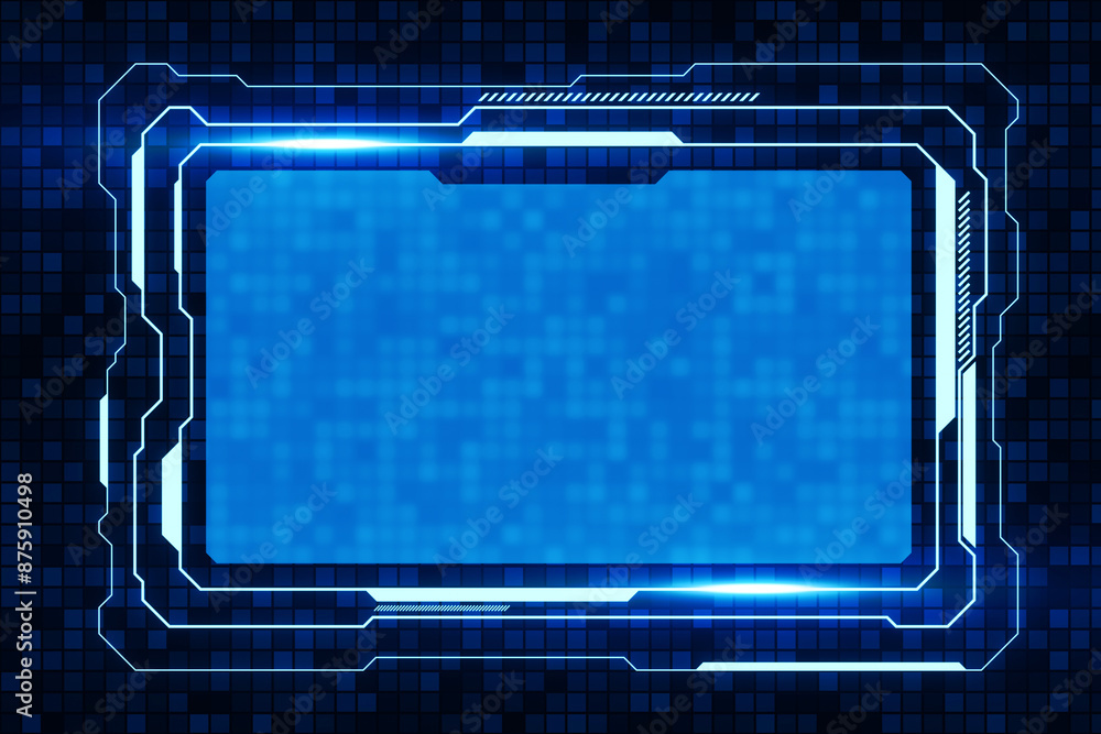Poster Abstract futuristic blue frame with glowing neon lines, displayed on a dark pixelated background, concept of digital technology. 3D Rendering