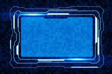 Abstract futuristic blue frame with glowing neon lines, displayed on a dark pixelated background, concept of digital technology. 3D Rendering