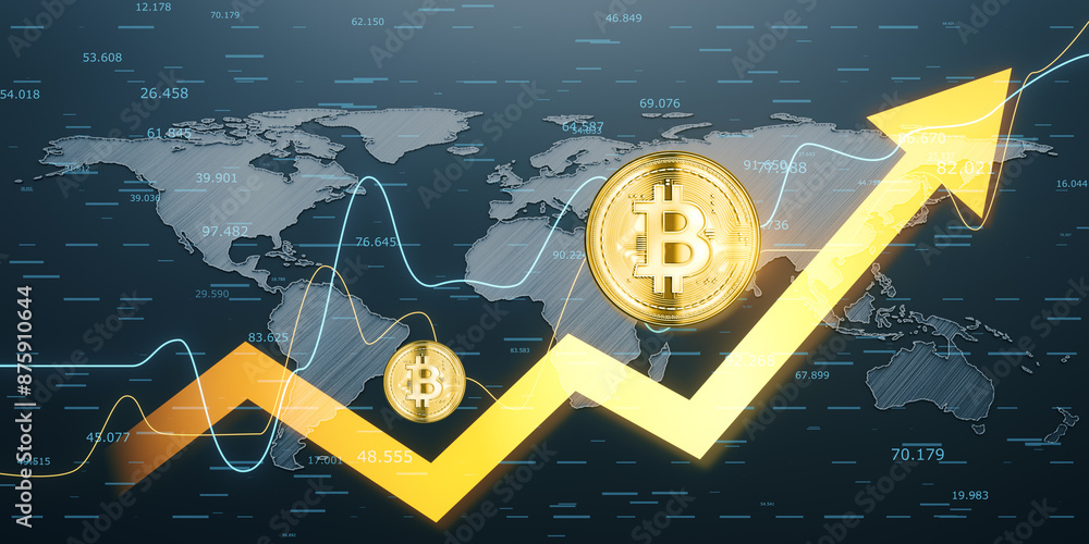 Poster illustration of bitcoin with upward trend arrows, financial graphs on a world map background, concep
