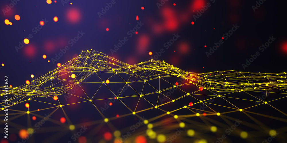 Poster An abstract network of lines and dots on a dark blue background representing a digital concept. 3D Rendering