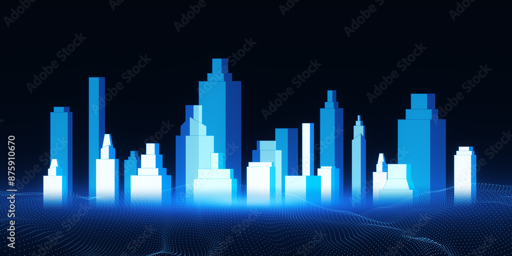 Poster an abstract digital city skyline over a dotted wave pattern on a dark blue background, illustrating 