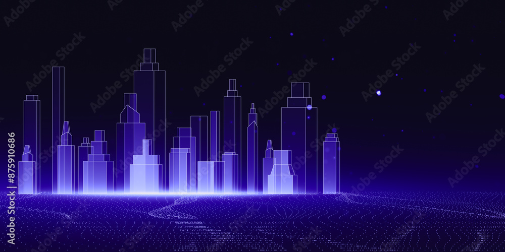 Poster a digital illustration of a futuristic smart city skyline with glowing outlines on a dark, starry cy