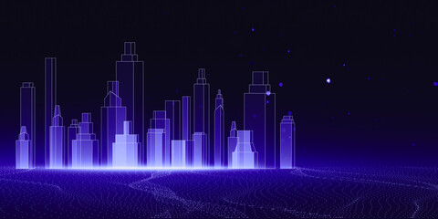 A digital illustration of a futuristic smart city skyline with glowing outlines on a dark, starry cyberspace background, concept of advanced technology. 3D Rendering