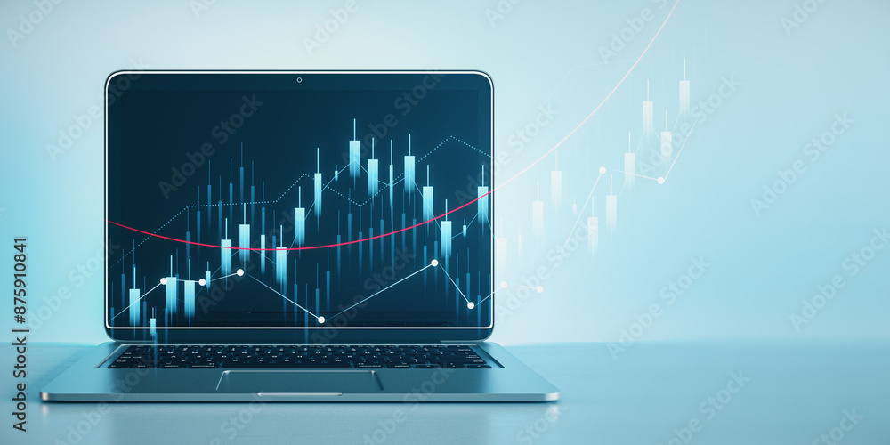 Poster laptop on blue background projecting stock market analysis graph, symbolizing financial data analysi