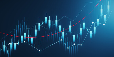 A digital financial chart with rising and falling candlestick bars and trend lines on a dark blue background, concept of stock market analysis. 3D Rendering