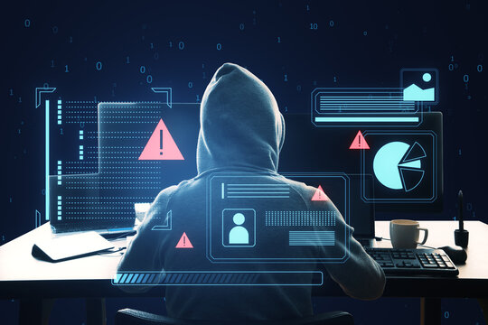 A hacker with a hood in front of a computer, digital graphs and security warning signs, dark blue background, concept of cyber security