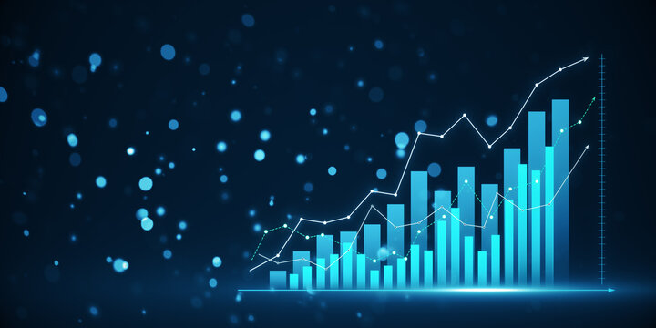 A blue digital bar graph with overlaid line graph, symbolizing growth on a dark blue bokeh background. Concept of analytics. 3D Rendering
