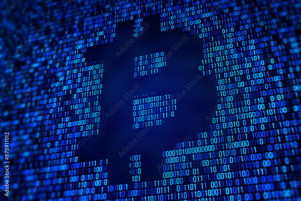Poster Binary code on a digital screen displaying numbers in blue and black tones, illustrating the concept of data and information technology on a dark background. 3D Rendering