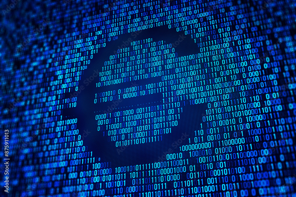 Aufkleber Close-up of binary code on a digital screen, highlighting the concept of data, cybersecurity, and technology in a dark, high-tech style on a black background. 3D Rendering