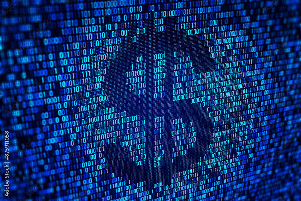 Fototapete Close-up of binary code on a digital screen, depicting data and computer programming concepts on a blue background. 3D Rendering