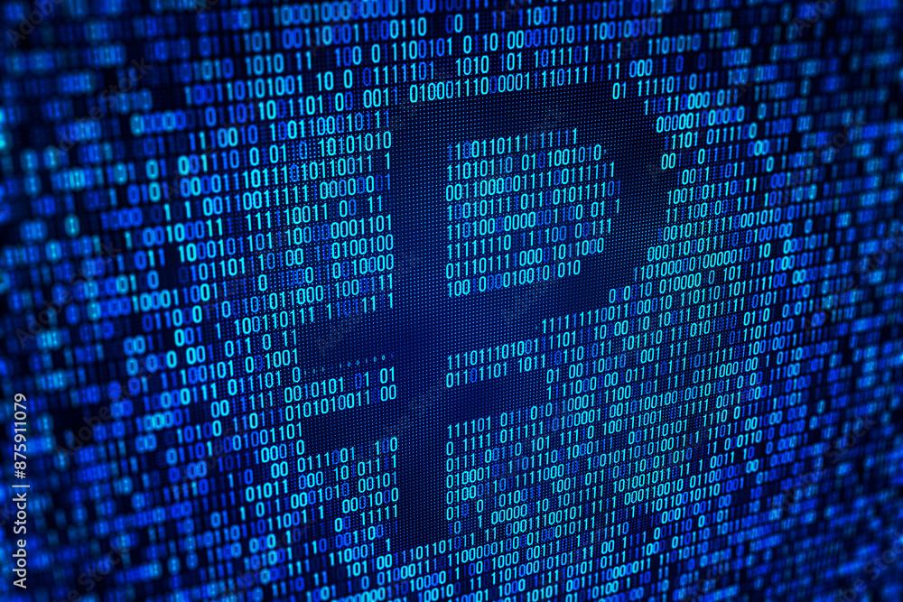 Aufkleber Blue digital binary code on a screen, visualizing data and cyber concept on a dark background. 3D Rendering