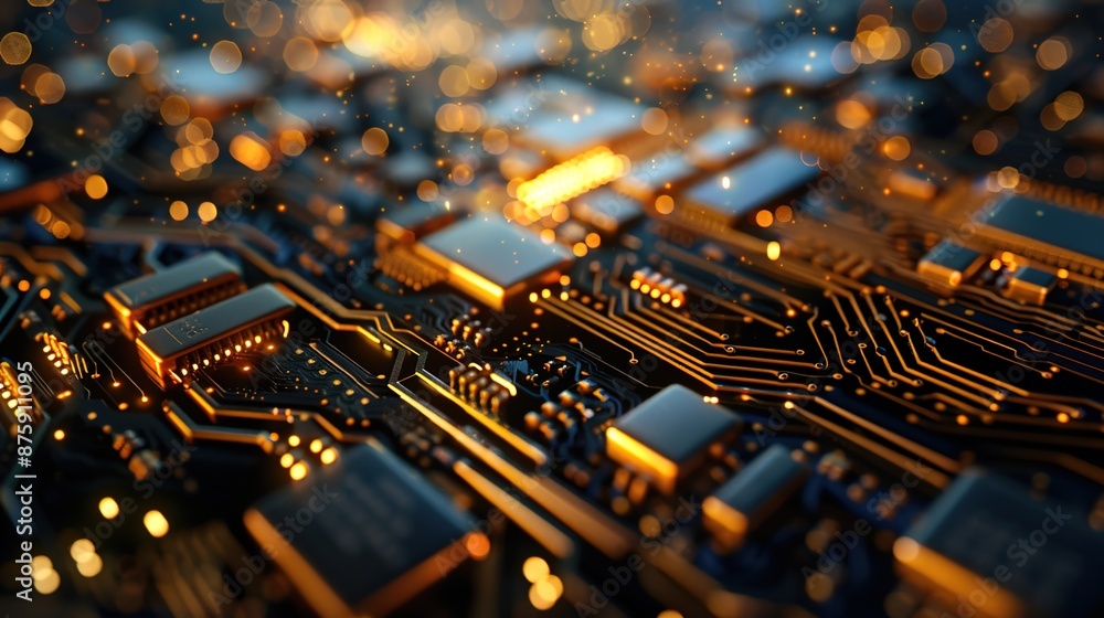 Poster detailed close-up of hi-tech motherboard with intricate circuitry and metallic textures