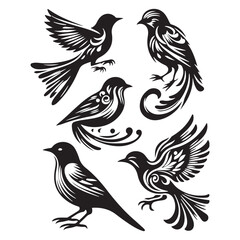 Fototapeta premium set of five stylized bird illustrations featuring detailed feather and swirl motifs, ideal for artistic projects
