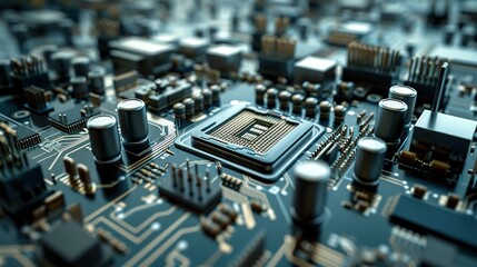 High-Tech Motherboard Close-Up: Intricate Circuitry and Metallic Textures