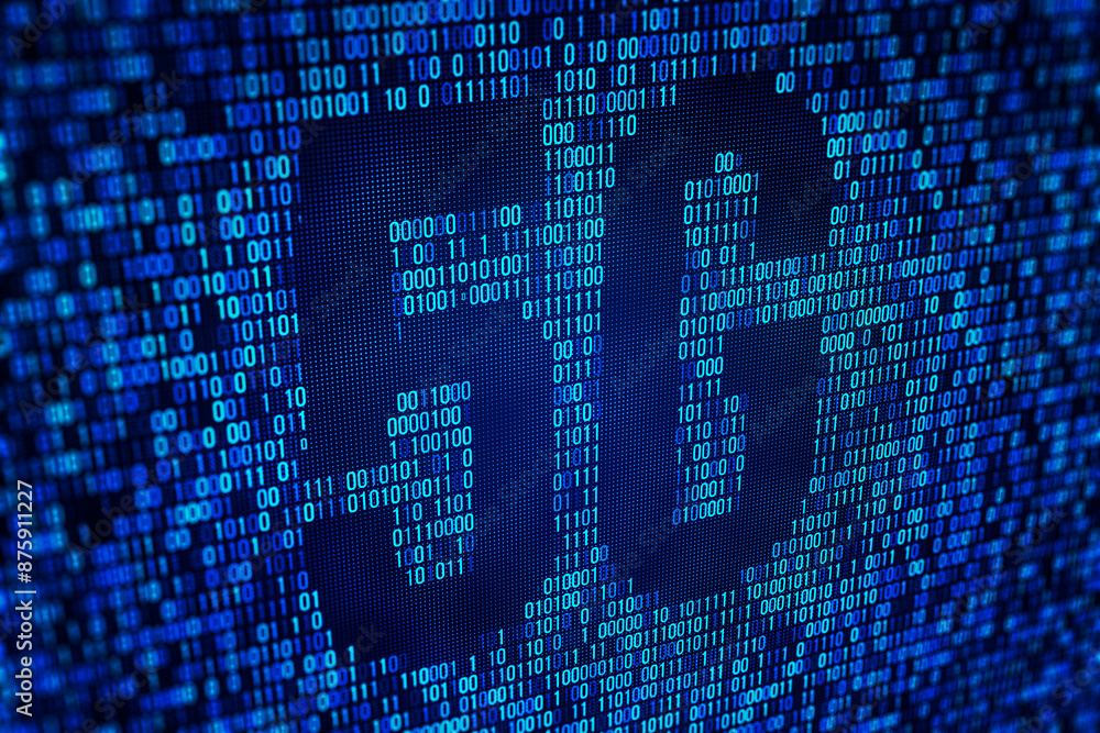 Aufkleber Close-up of digital binary code on a screen, with a focus on the concept of data and cybersecurity, set against a dark blue background. 3D Rendering