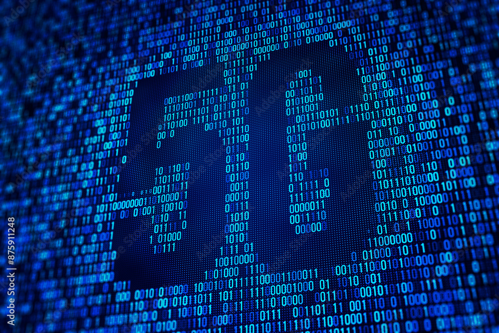 Poster Binary code data streaming on a dark blue digital screen as a concept of information technology. 3D Rendering