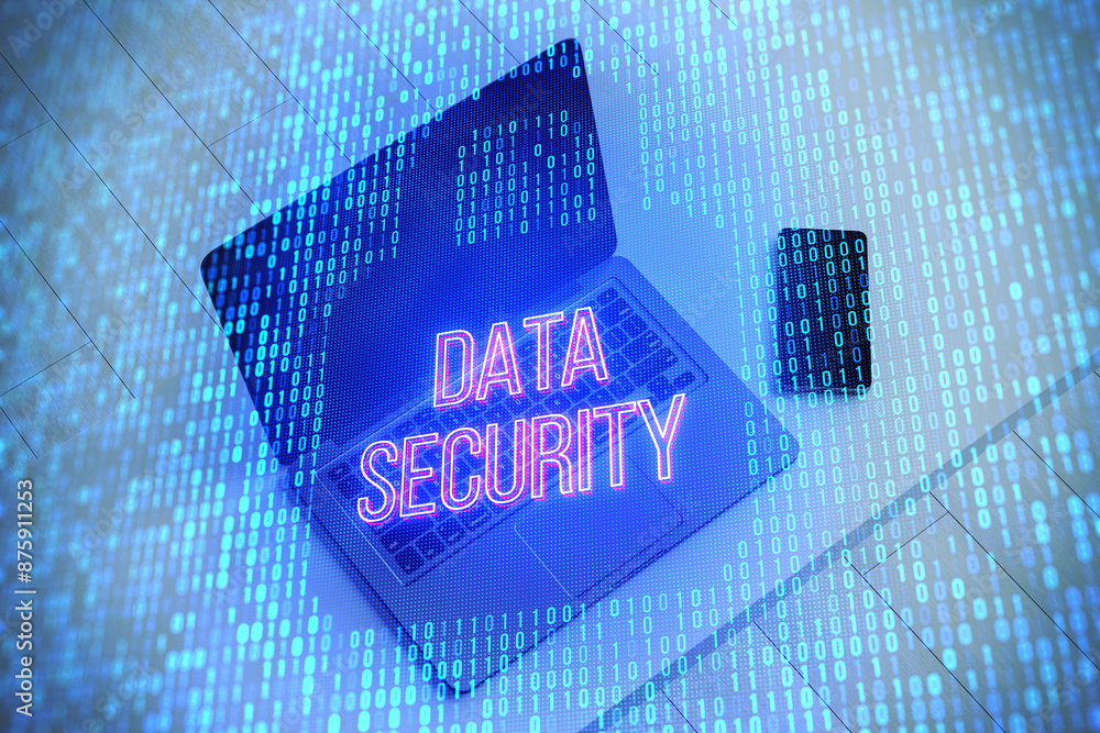 Aufkleber A digital concept of data security with neon text over a blue binary code background