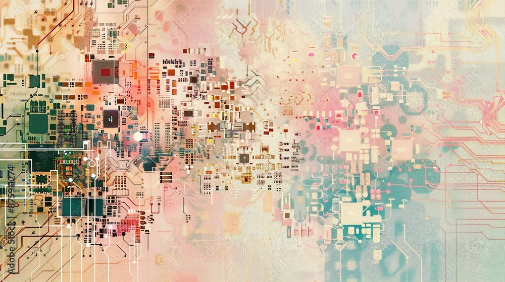 Poster futuristic abstract composition of soft hued circuit boards and digital components