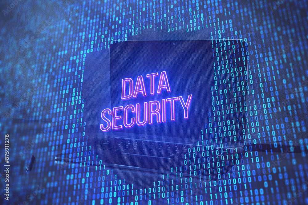 Aufkleber Neon sign reading 'DATA SECURITY' on a digital binary code background symbolizing cybersecurity