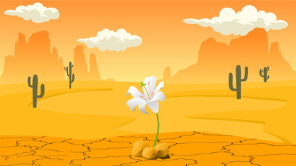 Landscape illustration lily flower blooms from barren desert