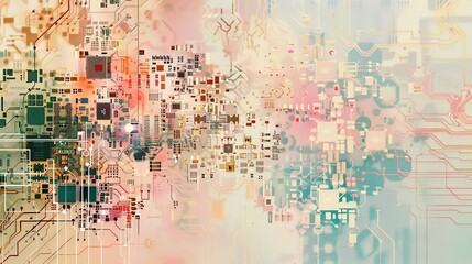 Futuristic Abstract Composition of Soft Hued Circuit Boards and Digital Components