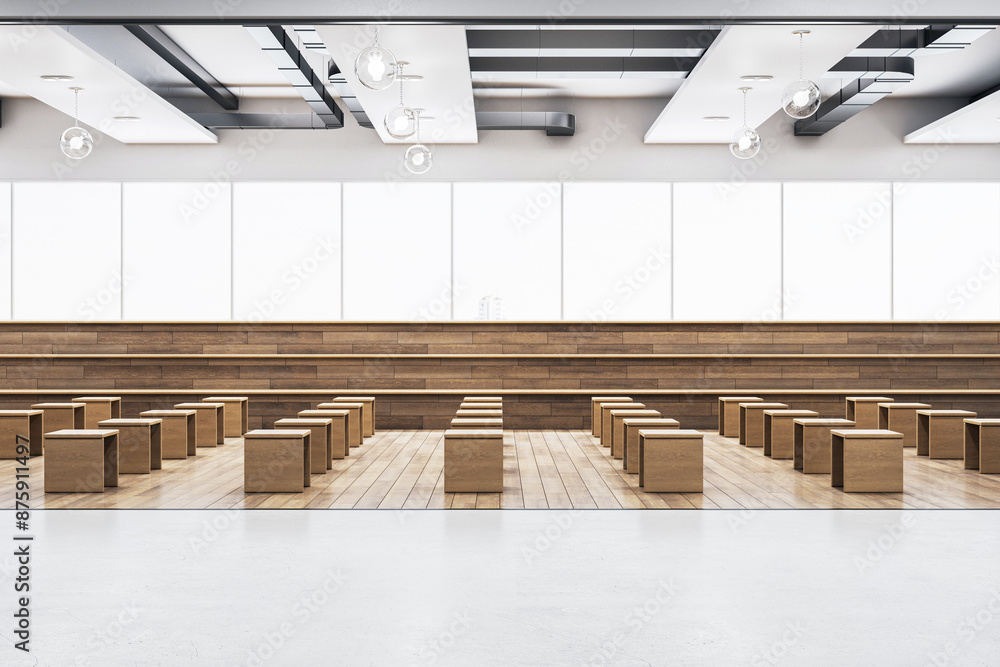 Poster a spacious, modern auditorium with rows of wooden seats and steps, a conceptual design for education