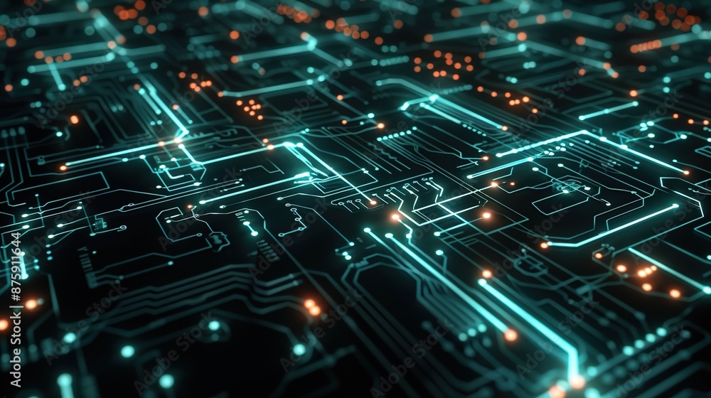 Aufkleber glowing digital matrix of illuminated circuits signifying technological advancement on black backgro
