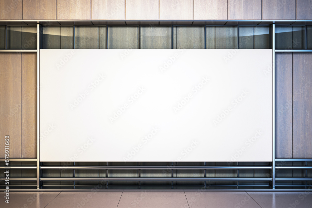 Poster a blank billboard mockup in an indoor setting with a wooden wall and metal frame, for advertising co