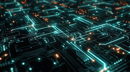 Obraz premium Glowing Digital Matrix of Illuminated Circuits Signifying Technological Advancement on Black Background