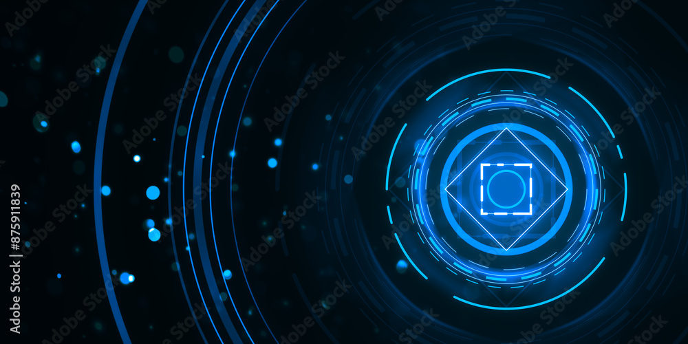 Poster Abstract technology background with blue neon glowing circles and particles, depicting the concept of digital network. 3D Rendering