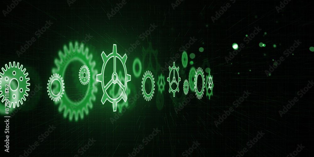 Poster Digital gears and cogs on a dark green background symbolizing technological concepts or machinery, creative digital graphic. 3D Rendering