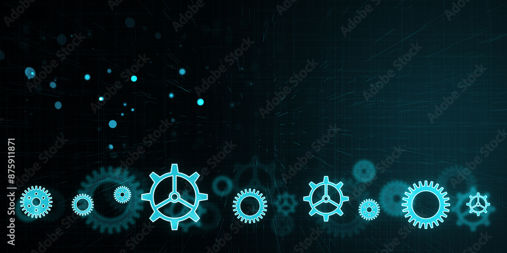 Aufkleber gears and technological elements on a digital blue background, symbolizing network, innovation, and 