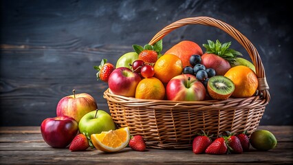 A basket of fruits with a light background and space for text.
