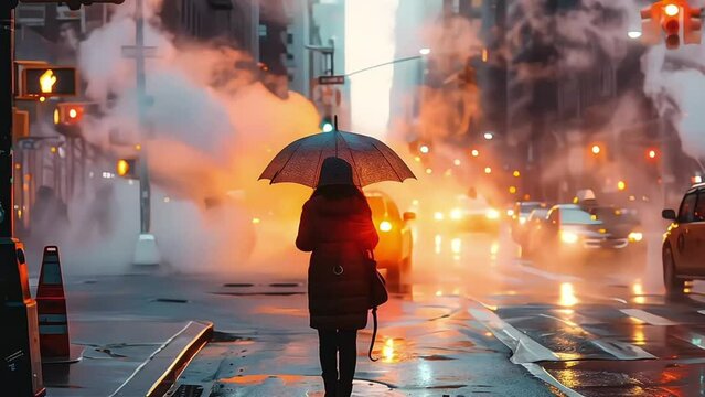 A woman with an umbrella is crossing street. Cars and steam coming out from from the manholes in the background