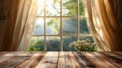 Wooden Tabletop with Window and Curtains