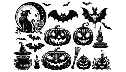 Whimsical Halloween Illustrations with Black Cat, Jack-o'-Lanterns, Bats, and Spooky Elements Under Full Moon, Autumn Black and White Vector