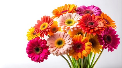 A bouquet of gerberas on a white background with space for text.
