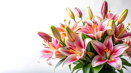 A bouquet of lilies on a white background with ample copy space.
