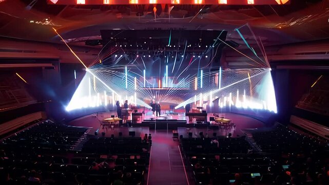 Empty Concert Venue With Stage and Lighting Setup