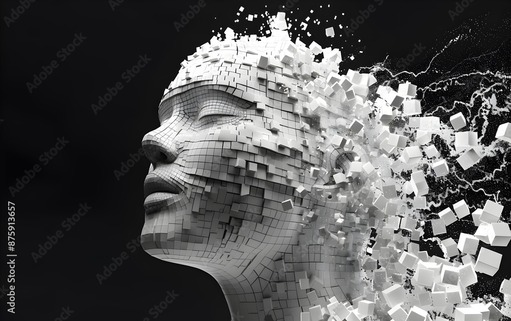 Poster 3d rendering of a pixelated head of an artificial intelligence with its eyes closed against a black 