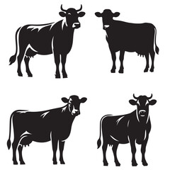 4 sets black of  Cow Standing silhouette isolated on white background png jpeg eps transparents