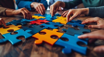 A group of business people are sitting around puzzle pieces, each person has one hand holding a piece of the puzzle, showing the concept of teamwork.