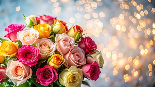 A bouquet of roses in various colors with a light background and space for text.
