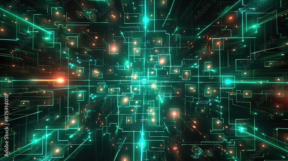 Poster futuristic geometric electric circuit pattern with glowing nodes and pathways